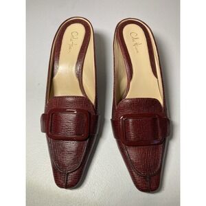 Cole Haan Kitten Heels Womens 7B Red Textured‎ Leather Slip On Mules Buckle EUC!